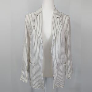 Rachel Zoe Linen White and Black Pinstriped Open Front Collared Blazer Small